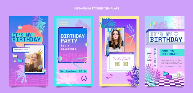 Vector gratuito historias de instagram de cumpleaños de gradiente vaporwave