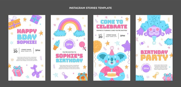 Historias de instagram de cumpleaños infantiles dibujadas a mano