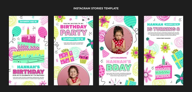 Historias de instagram de cumpleaños infantiles dibujadas a mano
