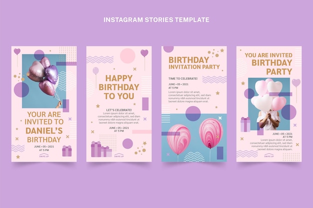 Vector gratuito historias de instagram de cumpleaños minimalistas de estilo plano