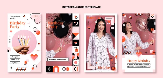 Historias de instagram de cumpleaños de mosaico de diseño plano