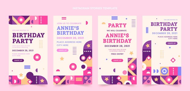 Historias de instagram de cumpleaños de mosaico de diseño plano