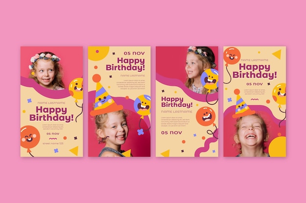 Vector gratuito historias de instagram de cumpleaños para niños