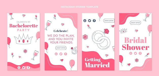 Vector gratuito historias de instagram de despedida de soltera rosa de diseño plano