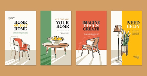 Historias de instagram de diseño de interiores dibujadas a mano
