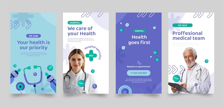 Vector gratuito historias de instagram de establecimiento de salud de diseño plano