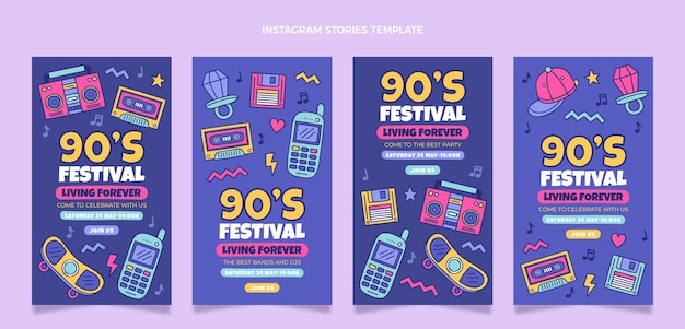 Vector gratuito historias de instagram del festival de música de los 90 dibujadas a mano