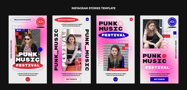 Vector gratuito historias de instagram del festival de música de los 90 de diseño plano