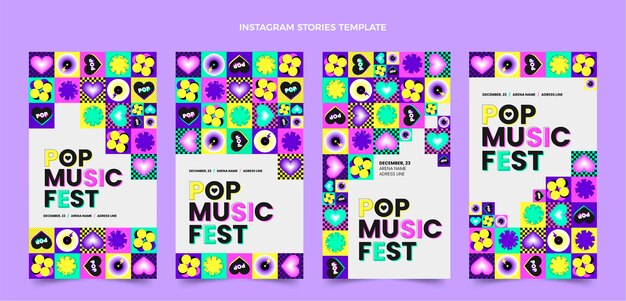 Vector gratuito historias de instagram del festival de música del mosaico del diseño plano