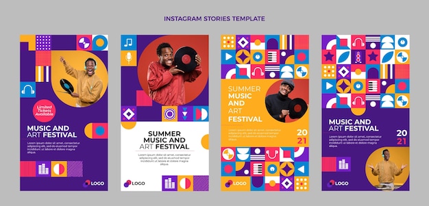 Vector gratuito historias de instagram del festival de música de mosaico plano