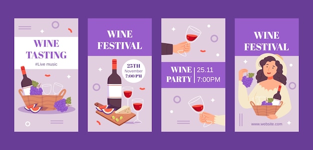 Vector gratuito historias de instagram del festival del vino dibujadas a mano.