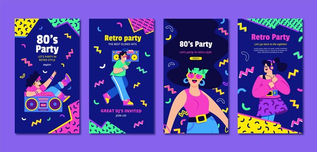 Historias de instagram de fiesta de los 80 dibujadas a mano