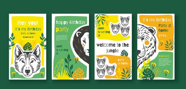 Historias de instagram de la fiesta de cumpleaños de la selva dibujadas a mano