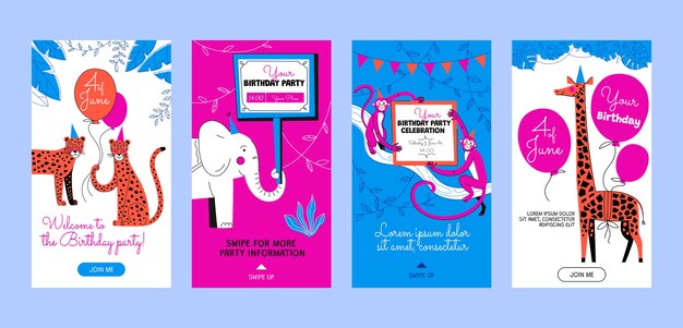 Historias de instagram de la fiesta de cumpleaños de la selva dibujadas a mano