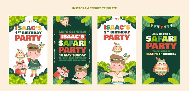 Historias de instagram de la fiesta de cumpleaños de la selva de dibujos animados dibujados a mano