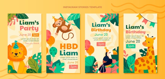 Vector gratuito historias de instagram de la fiesta de cumpleaños de la selva de diseño plano