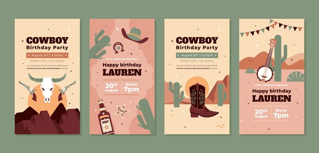 Historias de instagram de fiesta vaquera de diseño plano