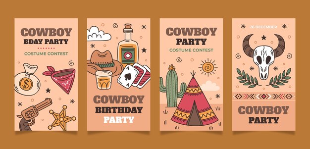 Historias de instagram de fiesta de vaqueros dibujadas a mano
