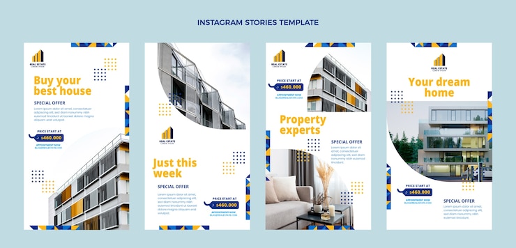 Vector gratuito historias de instagram inmobiliarias geométricas de diseño plano