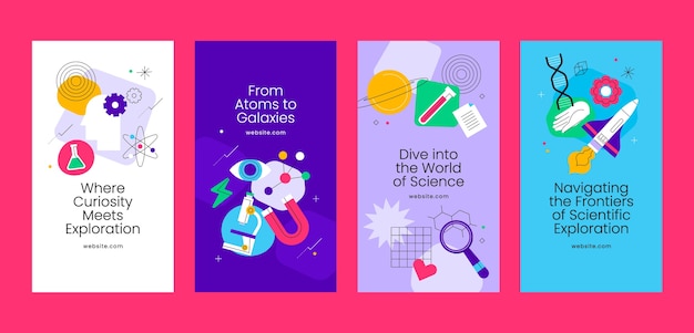 Vector gratuito historias de instagram de investigación científica de diseño plano.
