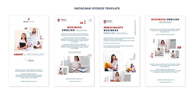 Vector gratuito historias de instagram de lecciones de inglés de negocios de diseño plano
