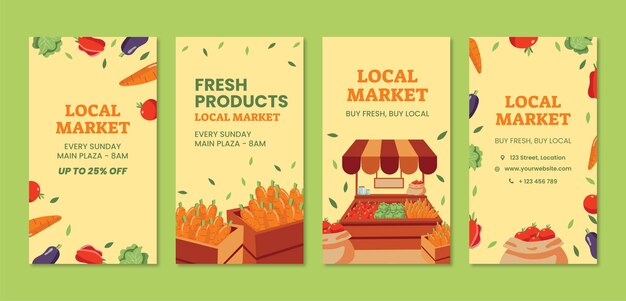 Historias de instagram de mercado local dibujadas a mano