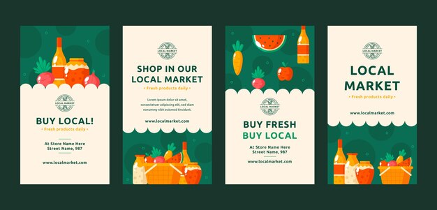 Historias de instagram de mercado local de diseño plano