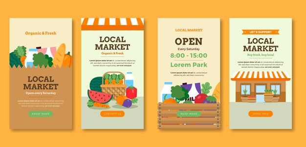 Historias de instagram de mercado local de diseño plano