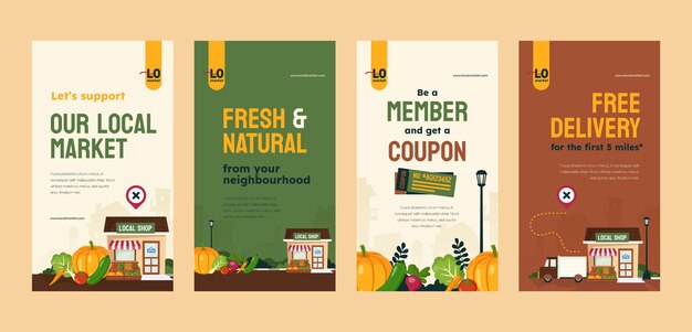 Historias de instagram de mercado local de diseño plano