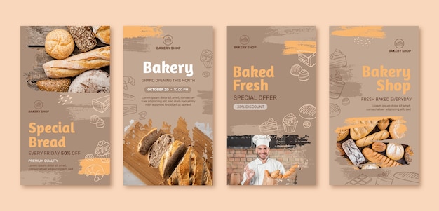 Historias de instagram de panadería de textura dibujada a mano