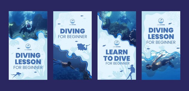Historias de instagram planas dibujadas a mano de buceo