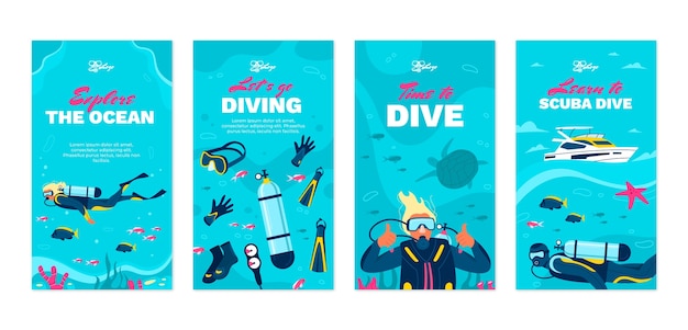 Vector gratuito historias de instagram planas dibujadas a mano de buceo