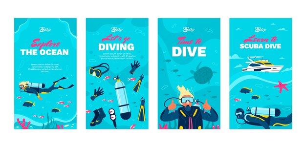 Historias de instagram planas dibujadas a mano de buceo