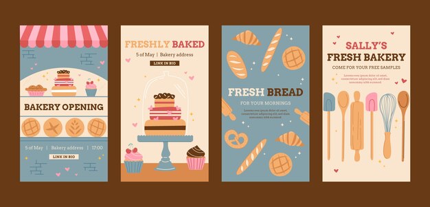 Historias de instagram planas dibujadas a mano de panadería