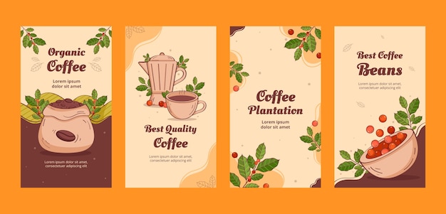 Historias de instagram de plantaciones de café dibujadas a mano