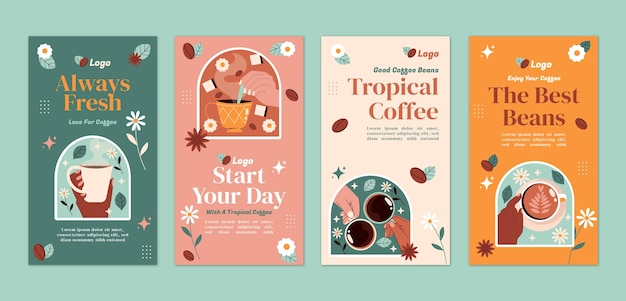 Historias de instagram de plantaciones de café de diseño plano