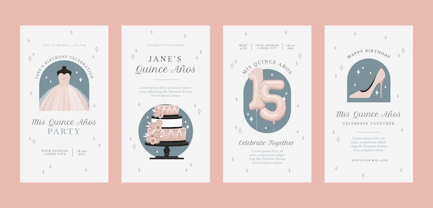 Historias de instagram de quinceañera de diseño plano