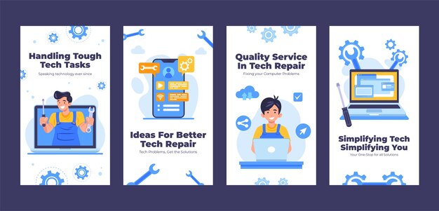 Historias de instagram de reparación de tecnología dibujadas a mano