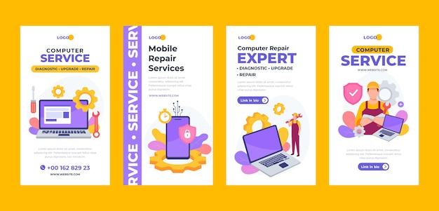 Vector gratuito historias de instagram de reparación de tecnología de diseño plano