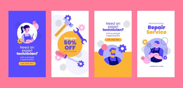 Historias de instagram de reparación de tecnología de diseño plano
