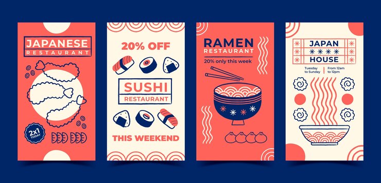 Vector gratuito historias de instagram de restaurantes de comida sabrosa dibujadas a mano