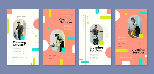 Historias de instagram de servicios de limpieza de diseño plano