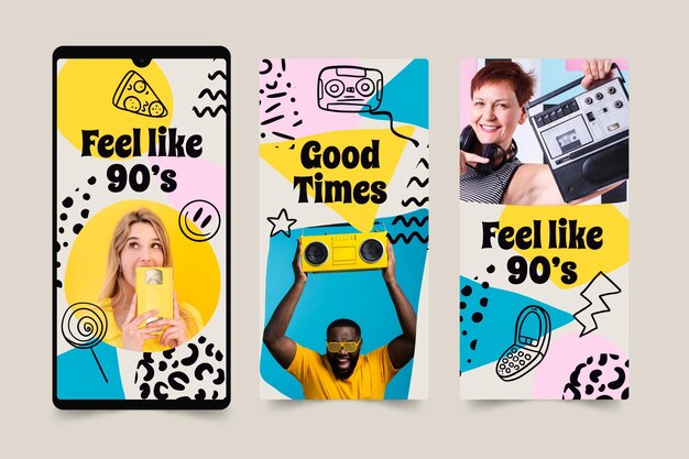 Historias nostálgicas de instagram de los 90 dibujadas a mano con foto.