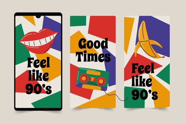 Historias nostálgicas de instagram de los 90 dibujadas a mano.