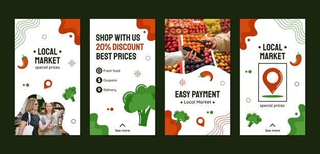 Historias planas de instagram dibujadas a mano en el mercado local