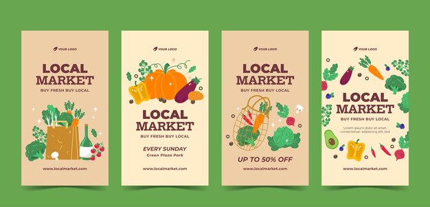 Historias planas de instagram dibujadas a mano en el mercado local