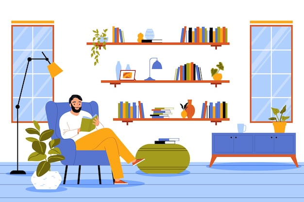 Hobby concepto plano con hombre leyendo libro en interiores ilustración vectorial