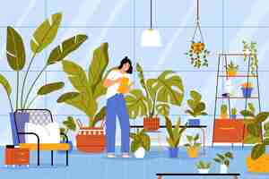 Vector gratuito hobby concepto plano con mujer regando plantas de casa ilustración vectorial