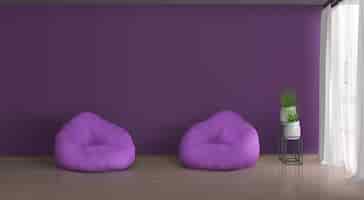 Vector gratuito hogar, apartamento sala de estar realista vector violeta, interior púrpura. pared vacía, dos sillas de frijol en el piso, plantas en macetas de cerámica en un soporte metálico, cortinas con ventana de tul blanco