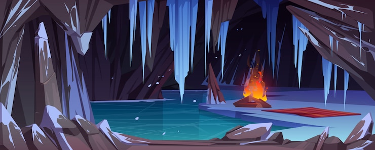 Vector gratuito hoguera en cueva de hielo oscuro con nieve, agua helada y cristales helados.